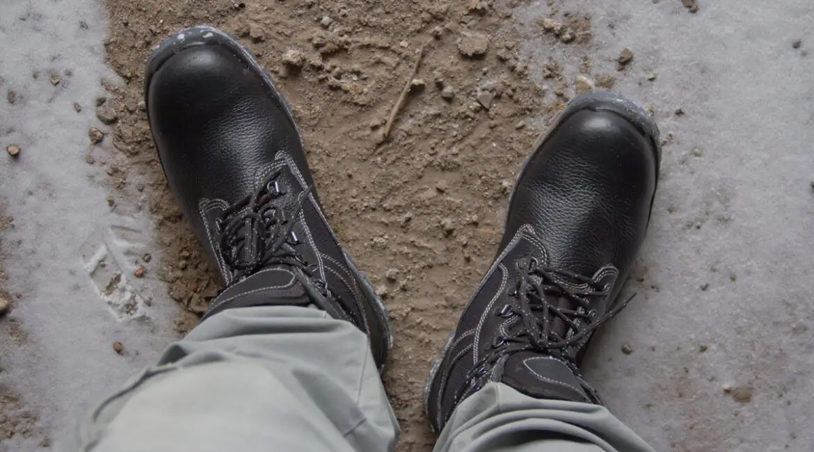 Protective work boots used on a construction job site